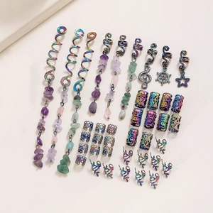 Rainbow metal dreadlock accessories set with colorful natural stone charms and pendants
