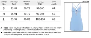 Detailed size chart for lace V-neck mini dress with bust, waist and hip measurements