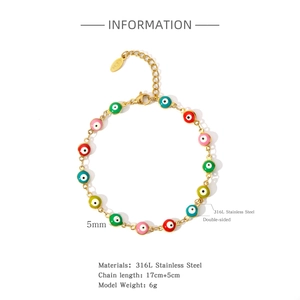 Macro view of 18K gold-plated 316L stainless steel bracelet with colorful Evil Eye beads