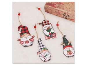 Detailed view of four wooden Christmas gnome ornaments with plaid hats and red beads