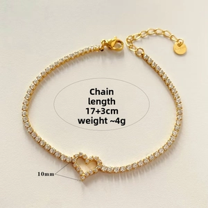 Details des 10mm Gold-Herz-Tennisarmbands mit 17+3cm Kettenlänge und 4g Gesamtgewicht