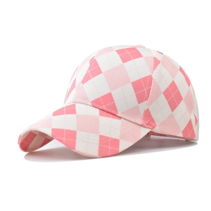 Detail of pink and white checkered baseball cap with classic six-panel cotton stitching