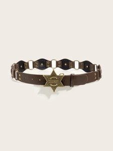Close-up of vintage brown PU leather belt with star-shaped buckle and metal ring joints