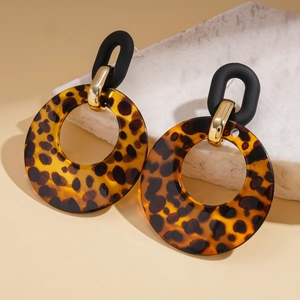 Retro geometric leopard print acrylic round earrings with gold and black accents