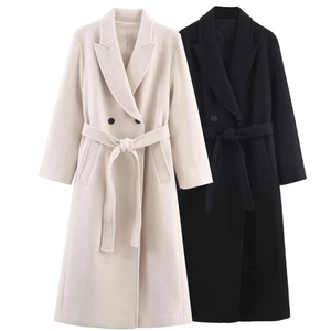 Women Long Double Breasted Polyester Blend Coat With Belt Lapel Autumn Winter Outerwear
