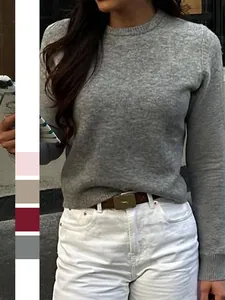 Maglione da Donna in Maglia di Poliestere Casual Girocollo Manica Lunga Pullover Morbido Tinta Unita Autunno Inverno Top Caldo
