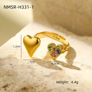 Detailed view of golden heart ring with colorful gemstones and size specifications