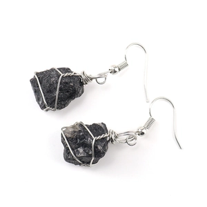 Detail of handmade silver wire wrapped raw black tourmaline stone earrings for women