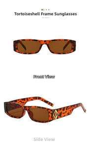 Detail of tortoise shell rectangular sunglasses with brown lenses and gold metal accents