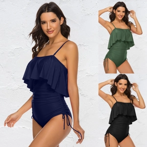 One Piece Swimsuit Women Ruffle Flounce Ruched Tummy Control Adjustable Strap Solid Color Bathing Suit