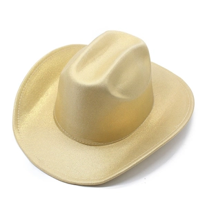 Detail of metallic gold cowboy hat with sparkling glitter finish and classic curved brim