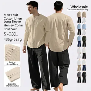 Herren Leinenmischung Langarm Henley Hemd Und Kordelzug Weite Hose Lässig Strand Urlaub Vintage Pintuck Outfit