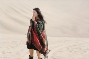Outdoor shot of a thick bohemian paisley shawl with fringe detail on a desert background