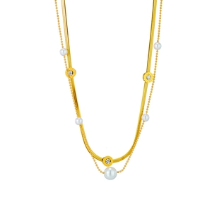Collana a doppio strato in titanio dorato con disco di numeri romani e perla bianca