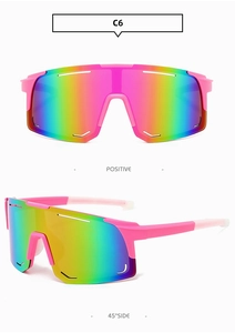 Macro detail of C6 sports sunglasses with pink frame and iridescent mirrored lens