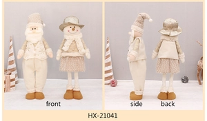 Front, side and back views of 80cm cream and gold plush Santa Claus and snowman dolls