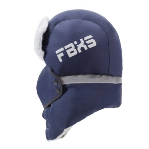 Winter thermal trapper hat in navy blue with windproof fabric and warm white faux fur lining