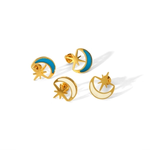 Vintage 18k gold plated moon and star stud earrings with blue and white enamel inlay