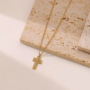 Gold punk cross necklace with micro-paved zircons and stainless steel chain