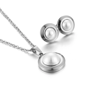 Elegant 18k gold-plated stainless steel jewelry set with white circular pearl pendants