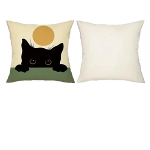 Linen pillowcase with cute black cat illustration and yellow moon on white background
