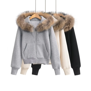 Women Zip Up Hoodie With Detachable Faux Fur Collar Warm Fleece Lined Casual Elegant Short Jacket Coat For Autumn Winter