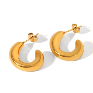 Detailed close-up of polished 18K gold-plated C-shaped hollow hoop earrings for women