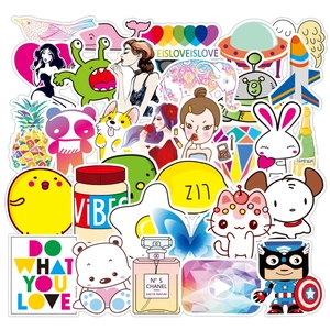 Flat lay detail of 50 colorful VSCO aesthetic stickers with various trendy doodle designs