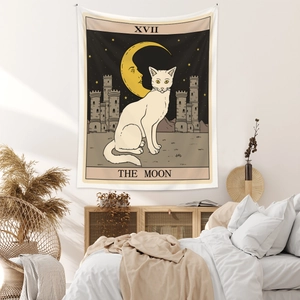 Detail of tarot moon wall tapestry with white cat and castle in retro line art style