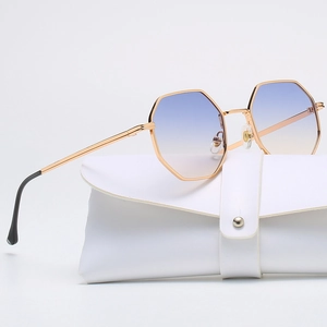 Classic octagon metal sunglasses with blue-orange gradient lenses and a white pouch