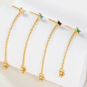 S925 sterling silver tassel chain earrings with colorful square zircon in gold finish