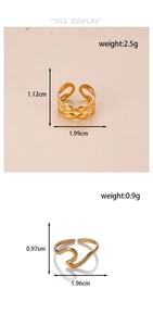 Detail view of two gold adjustable rings with weight and size specifications included