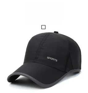 Detail of black quick-dry baseball cap featuring breathable side mesh and Sports text