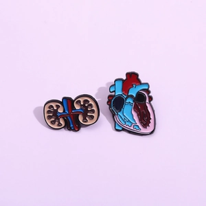 Creative anatomical heart and kidney enamel pin set made of polished metal alloy