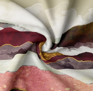 Macro shot of abstract mountain tapestry fabric with golden lines and soft texture