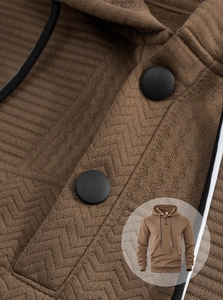 Detail of coffee brown hoodie showing herringbone knit texture and button placket