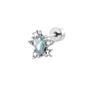 Star-shaped cartilage stud with egg-shaped aquamarine zircon and silver finish