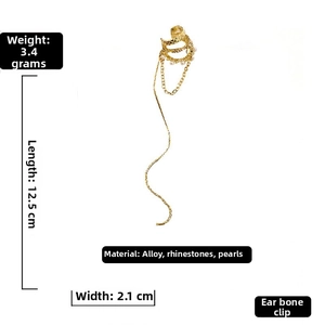 Detail of gold ear cuff with rhinestone tassel and pearl showing 12.5cm length dimensions