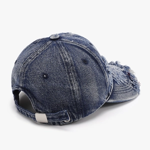 Vintage distressed denim baseball cap with washed finish and adjustable metal buckle