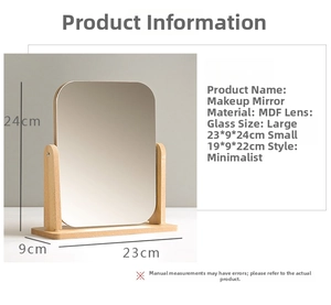 Detailed size specifications for square wooden desktop mirrors with adjustable angles