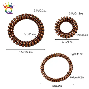 Three sizes of metallic coffee telephone cord hair ties with detailed diameter and weight