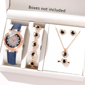 Set of rose gold quartz watch with matching heart necklace, bracelet, earrings and ring