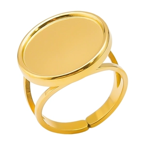 Adjustable golden stainless steel ring with a large oval flat surface on a white background