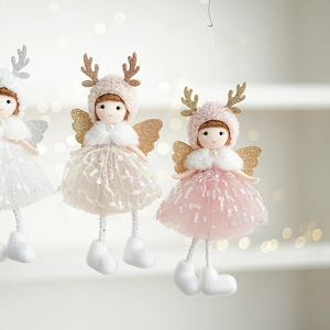 Pink and white plush Christmas angel ornaments with antlers and sparkling sequins on mesh dress