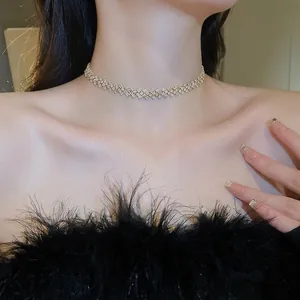 Exquisite gold-plated rhinestone choker necklace with interlocking mesh design and zircon