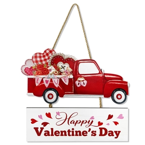 Valentine's Day red truck wooden door sign with Love flag and Happy Valentine's Day text