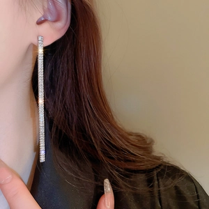 Elegant long tassel cubic zirconia drop earrings for women in polished silver finish