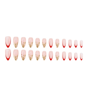 Translucent red French almond press-on nails with gold foil accents, 24 pieces set