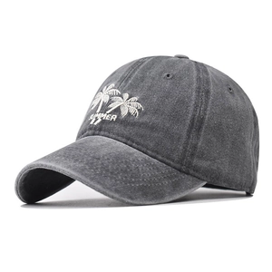 Washed dark grey cotton baseball cap with white palm tree and Summer 17 embroidery