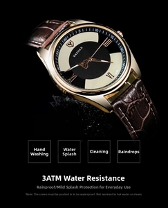 Macro shot of YAZOLE watch showing 3ATM water resistance with dynamic splashing water effect